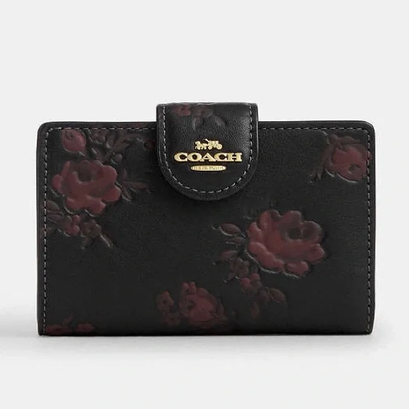 NWT-Coach-Medium Corner Zip Wallet-Floral Print/Roses🌹Black & Wine-$218 - Picture 9 of 11